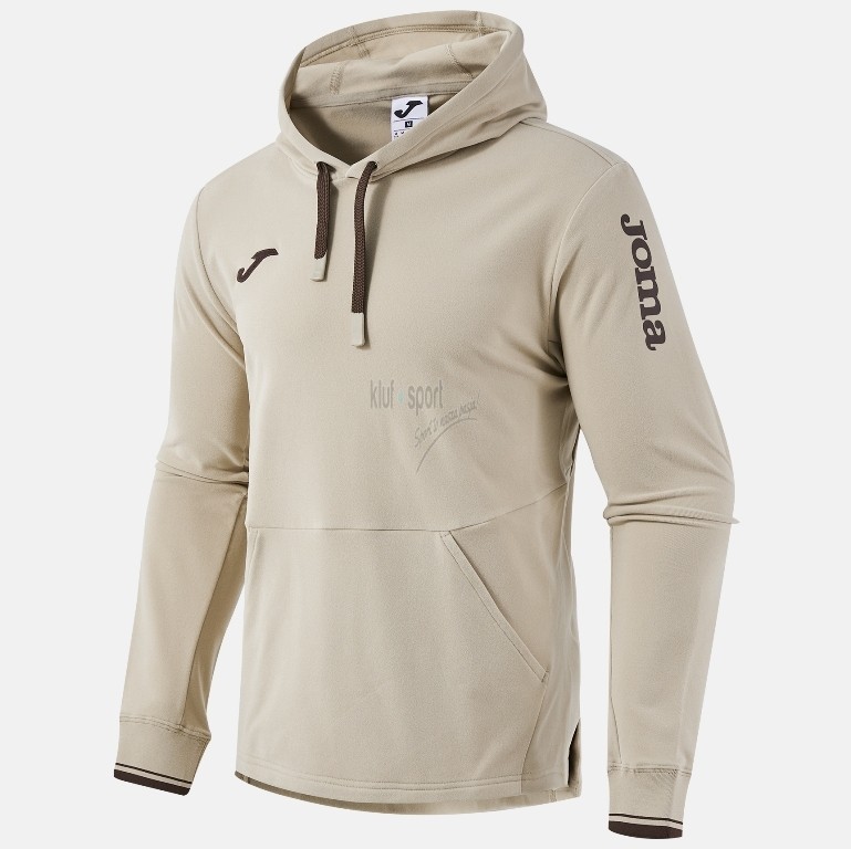 Beżowa męska bluza tenisowa Joma Invictus – sportowe hoodie z kapturem, brązowymi sznurkami i kieszenią typu kangurka.