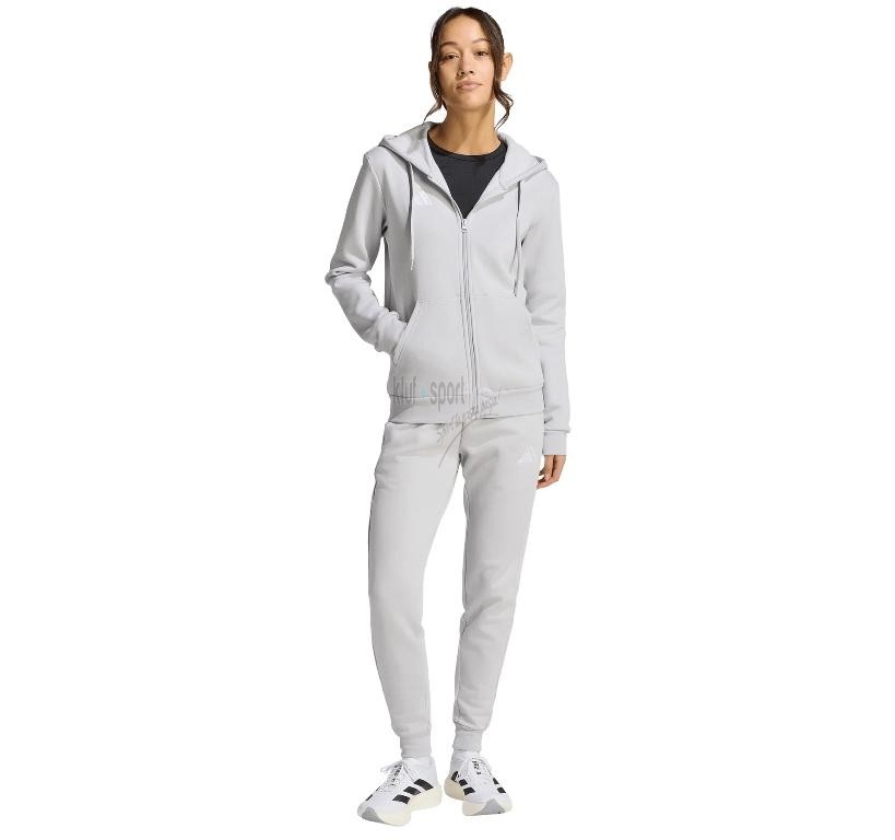 Damski dres bawełniany adidas Entrada 26 w kolorze jasnoszarym – rozpinana bluza z kapturem i dopasowane spodnie dresowe ze ściągaczami.