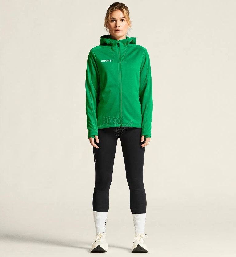 Damski dres treningowy Craft Evolve 2.0 – jaskrawozielona rozpinana bluza z kapturem i czarne legginsy sportowe.