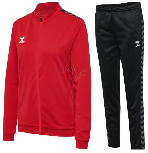 Damski dres treningowy Hummel Authentic – czerwona bluza rozpinana na pełny zamek ze stójką oraz czarne spodnie dresowe z białymi szewronami.