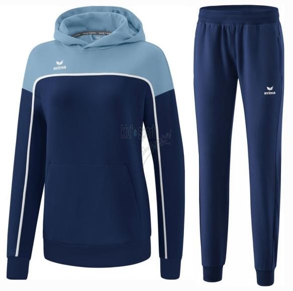 Damski dres sportowy Erima Change – granatowa bluza z kapturem z turkusowymi akcentami oraz granatowe spodnie reprezentacyjne o kroju Ladies Fit.
