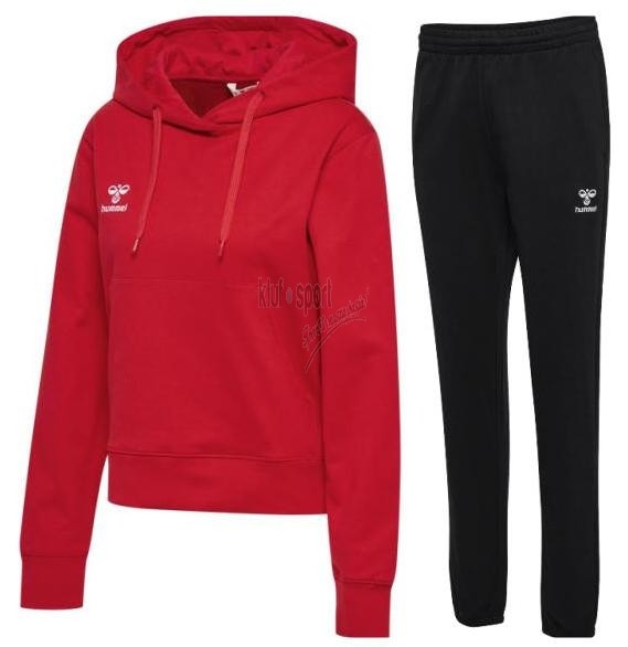Czerwony dres bawełniany damski Hummel Go Cotton 2.0 – bluza z kapturem typu hoodie oraz czarne spodnie dresowe z logo Hummel.
