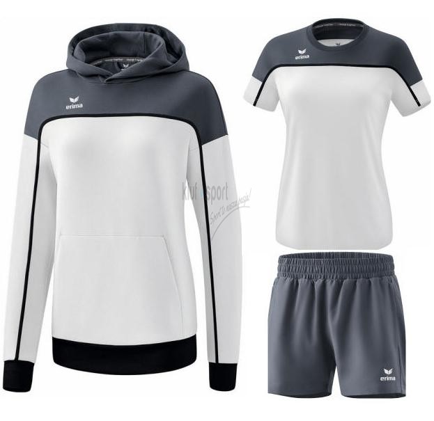 Damski komplet tenisowy Erima Change Premium – biała bluza z kapturem typu hoodie, biały T-shirt techniczny oraz popielate spodenki sportowe.