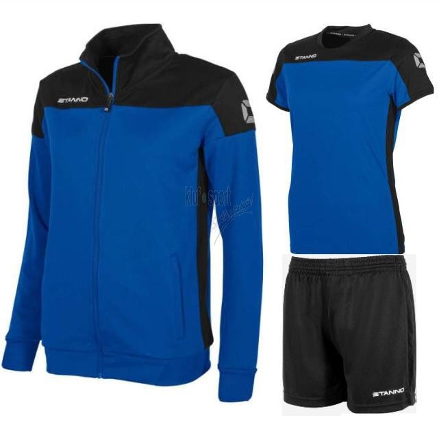 Damski komplet sportowy Stanno Pride – niebieska bluza rozpinana z wysoką stójką, niebieska koszulka z krótkim rękawem oraz czarne spodenki sportowe.
