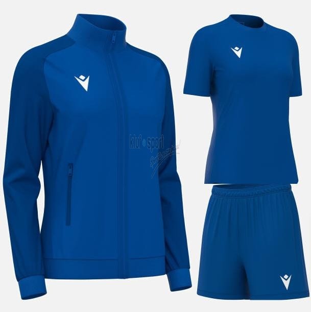 Damski komplet treningowy Macron Rama – niebieska bluza sportowa zapinana na zamek, niebieska koszulka treningowa Zyra oraz spodenki sportowe Nebula.
