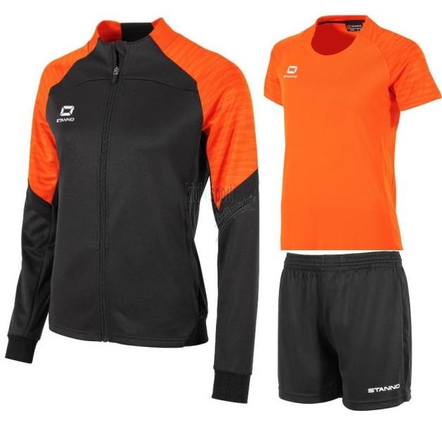 Damski komplet sportowy Stanno Bolt z recyklingu – czarno-pomarańczowa bluza rozpinana, pomarańczowa koszulka techniczna oraz czarne spodenki sportowe z logo Stanno.