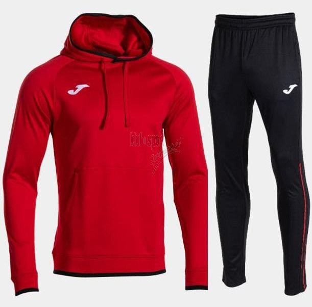 Męski dres treningowy Joma Combi Premium – czerwona bluza z kapturem i kieszenią kangurką oraz czarne spodnie dresowe z białym logo Joma.
