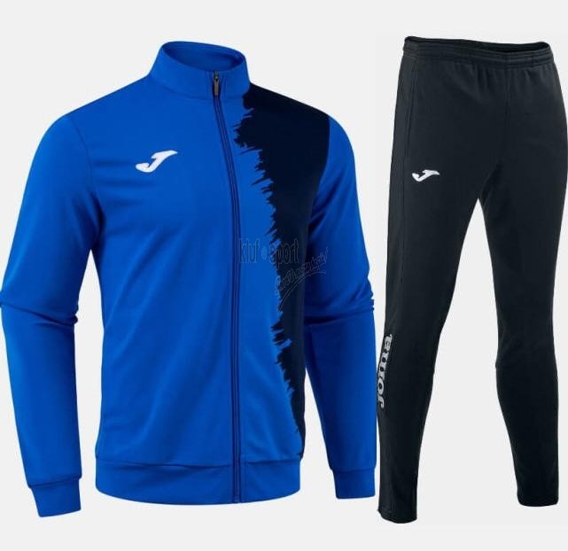 Męski dres treningowy Joma Picasho – niebieska bluza rozpinana na pełny zamek z granatowymi rękawami oraz granatowe spodnie dresowe Joma.
