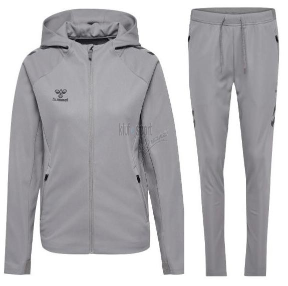 Damski dres sportowy Hummel Cima 2.0 – popielata bluza z kapturem i kieszeniami na zamki oraz dopasowane szare spodnie dresowe 