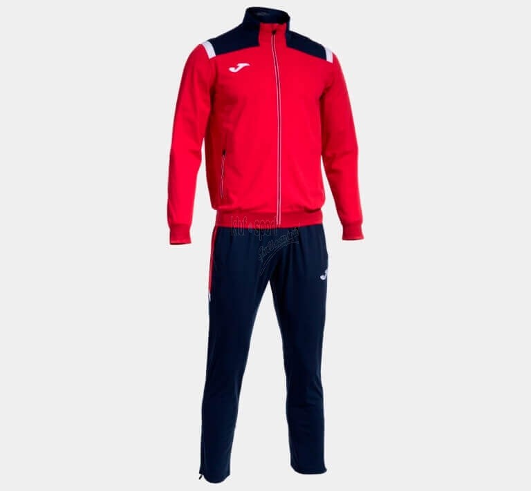 Męski dres sportowy Joma Toledo – czerwona bluza rozpinana na zamek z granatowymi detalami oraz granatowe spodnie sportowe.