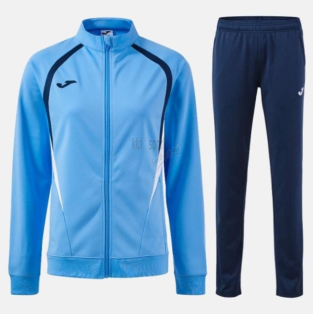 Damski dres treningowy Joma Champion VI – turkusowa rozpinana bluza z białymi wstawkami oraz granatowe spodnie dresowe z logo Joma.