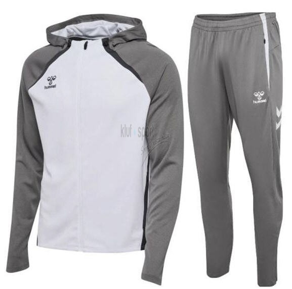 Męski dres treningowy Hummel Lead 2.0 – jasnoszara bluza z zamkiem i białymi detalami oraz dopasowane szare spodnie sportowe.