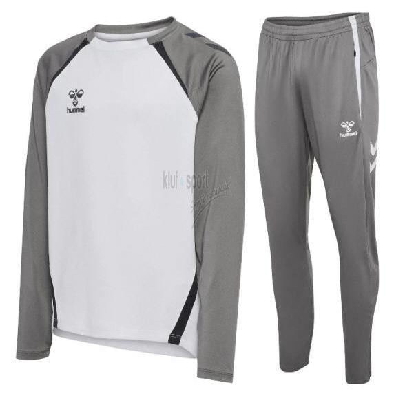 Męski dres treningowy Hummel Lead 2.0 – jasnoszara bluza typu sweatshirt z białymi rękawami oraz szare zwężane spodnie dresowe.