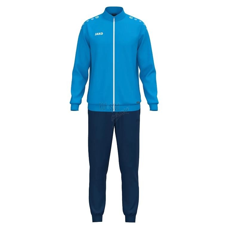 Męski dres treningowy JAKO One – turkusowa bluza treningowa z granatowymi detalami i granatowe spodnie dresowe ze ściągaczami.