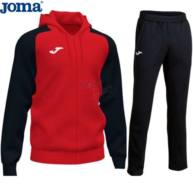 Męski dres treningowy Joma Academy IV – czerwona bluza rozpinana na zamek z kapturem oraz czarne spodnie treningowe z logo Joma.