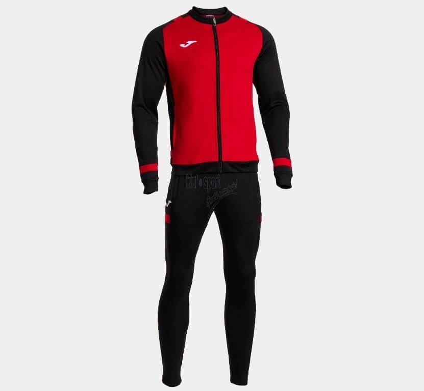 Męski dres treningowy Joma Lider – czerwona bluza zapinana na pełny zamek z czarnymi detalami na ramionach oraz czarne spodnie dresowe.