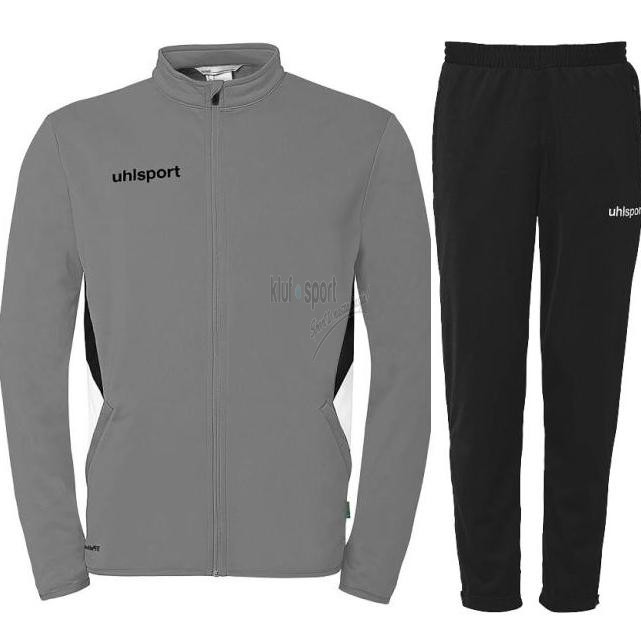 męski dres treningowy uhlsport Equipe 29. popielata rozpinana bluza z akcentami i czarne spodnie classic