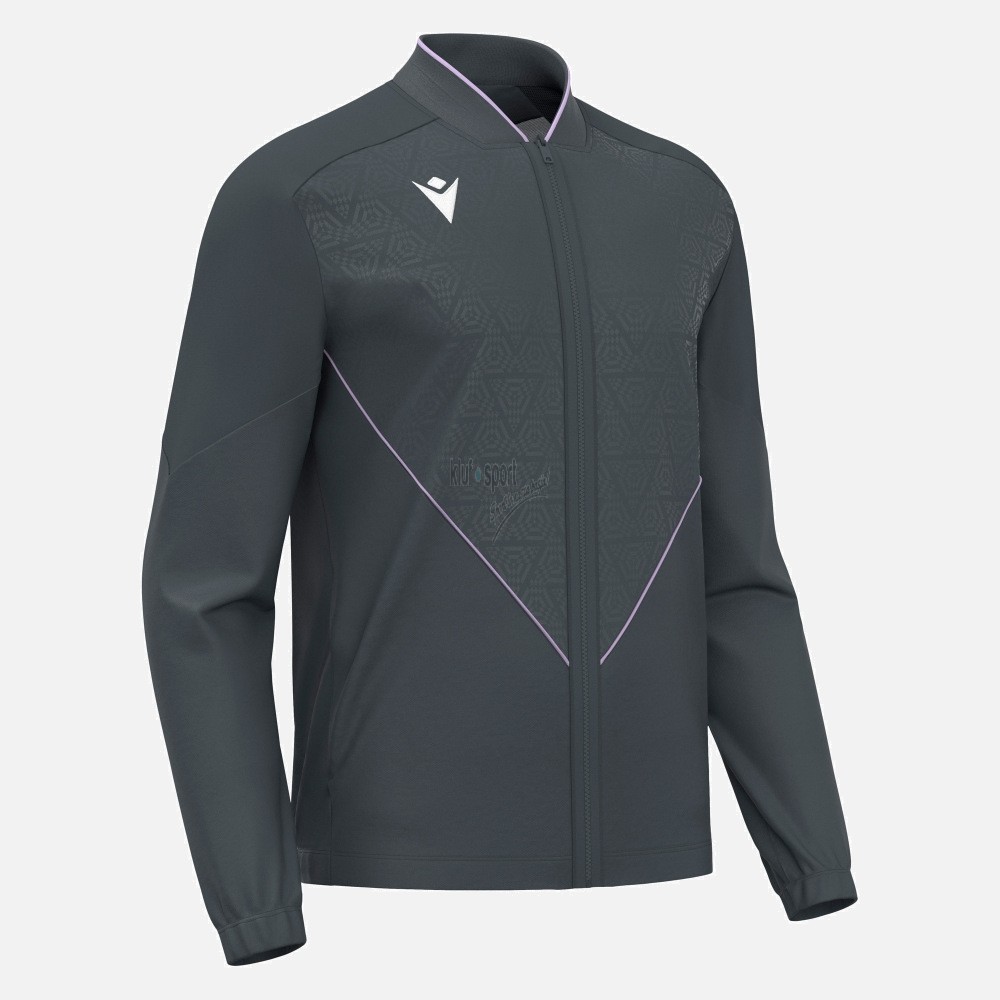 Antracytowa męska bluza sportowa Macron Morpheus – model rozpinany z fioletową lamówką, geometrycznym wzorem na piersi i białym logo Macron Hero.