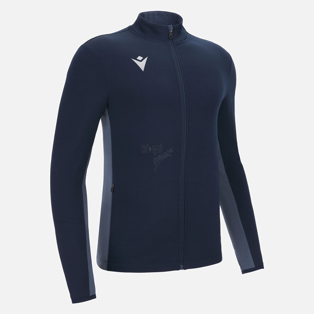 Granatowa męska bluza sportowa Macron Record Premium – rozpinany model ze stójką, mikroteksturą materiału i białym logo Macron Hero na piersi.