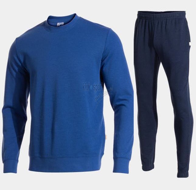 Męski dres bawełniany Joma Universo – niebieska bluza sportowa typu crewneck oraz granatowe spodnie dresowe ze ściągaczami.