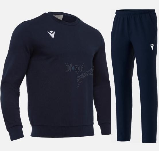 Granatowy męski dres bawełniany Macron Axima – bluza bez kaptura i spodnie dresowe z białym logo.