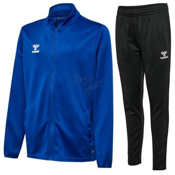 Męski dres treningowy Hummel Essential – niebieska bluza sportowa z pełnym zamkiem błyskawicznym i stójką oraz dopasowane czarne spodnie z białym logo.