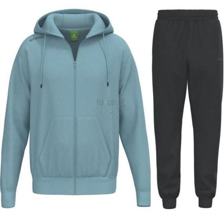 Męski dres bawełniany Erima TS Basic – błękitna rozpinana bluza z kapturem oraz czarne spodnie dresowe ze ściągaczami.
