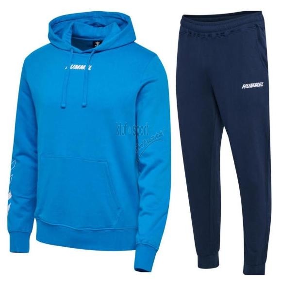 Męski dres bawełniany Hummel Elemental – turkusowa bluza z kapturem i szewronami na rękawach oraz granatowe spodnie dresowe.