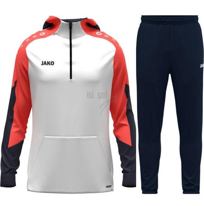 Męski dres sportowy Jako Dynamic – biała bluza treningowa z krótkim zamkiem pod szyją i granatowe spodnie dresowe z koralowymi detalami.