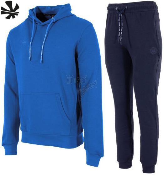 Męski dres bawełniany Reece Australia Studio – niebieska bluza z kapturem typu hoodie oraz dopasowane granatowe spodnie dresowe joggery.
