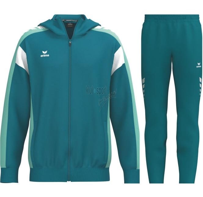 Męski zielony dres treningowy Erima Celebrate 125 – bluza z kapturem i białymi wstawkami oraz dopasowane spodnie sportowe.