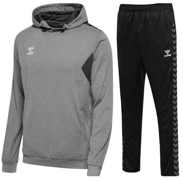 Męski dres treningowy Hummel Authentic – szara bluza z kapturem (hoodie) i czarne spodnie treningowe z szarymi szewronami na boku.