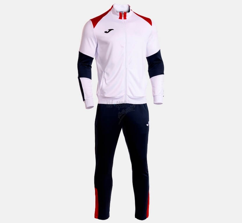 Męski dres tenisowy Joma Danubio IV – biała bluza zapinana na zamek z granatowymi akcentami oraz granatowe spodnie sportowe z logo Joma.
