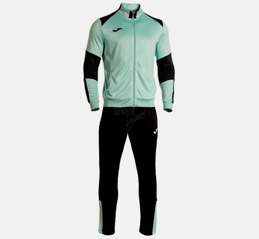 Męski dres treningowy Joma Danubio IV – popielata bluza zapinana na zamek z czarnymi wstawkami oraz dopasowane czarne spodnie dresowe z logo Joma.