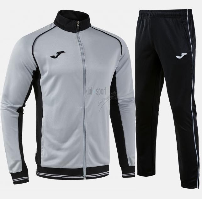 Męski dres treningowy Joma Eco-Retro – popielata bluza zapinana na zamek z czarnymi detalami oraz czarne spodnie dresowe z logo Joma.