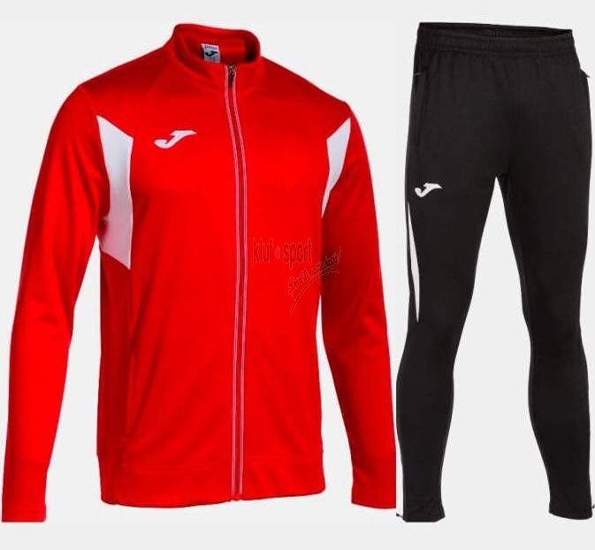 Męski dres treningowy Joma Winner III – czerwona bluza rozpinana na pełny zamek z białymi detalami oraz czarne spodnie treningowe z logo Joma.