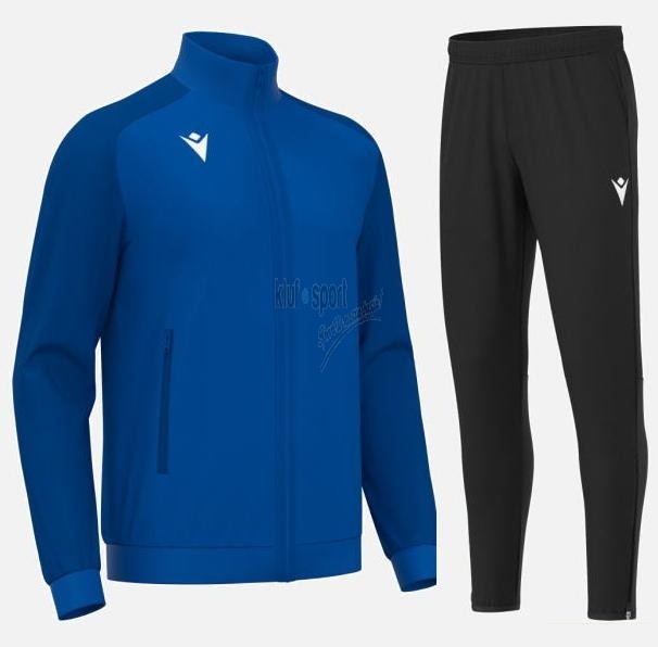 Męski dres treningowy Macron Anubis – niebieska bluza rozpinana i czarne dopasowane spodnie sportowe.