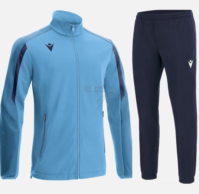 Męski dres treningowy Macron Seth – jasnoniebieska bluza rozpinana z ciemnymi pasami na rękawach i granatowe spodnie sportowe.