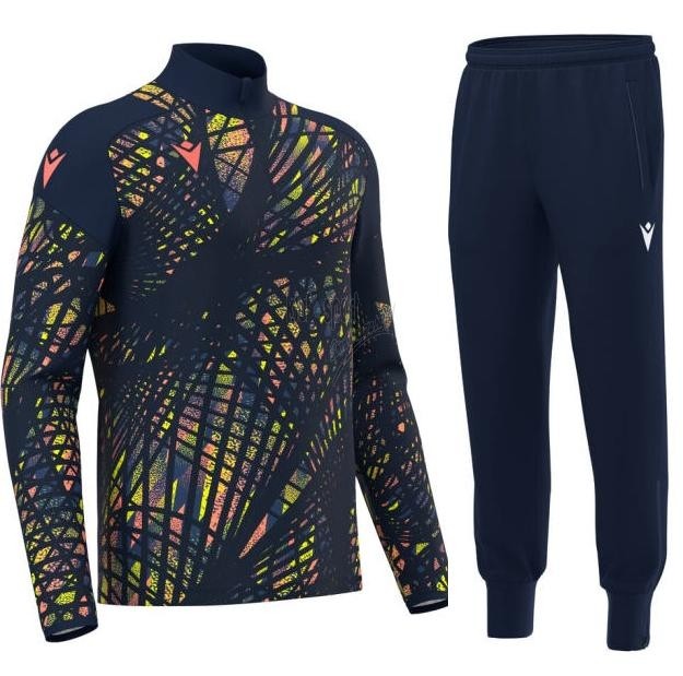 Męski dres treningowy Macron – granatowa bluza Starfall z wysoką stójką i zamkiem 1/4 oraz granatowe spodnie treningowe Maas z białym logo