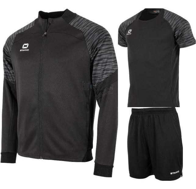 Męski komplet sportowy Stanno Bolt – czarna bluza treningowa z antracytową grafiką na rękawach, czarna koszulka techniczna oraz czarne spodenki sportowe.