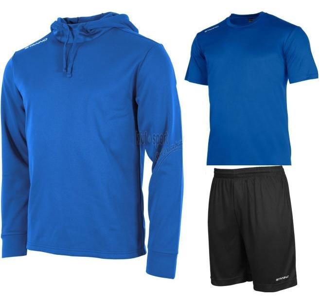Męski komplet treningowy Stanno Field – niebieska bluza z kapturem, niebieska koszulka sportowa oraz czarne spodenki meczowe.