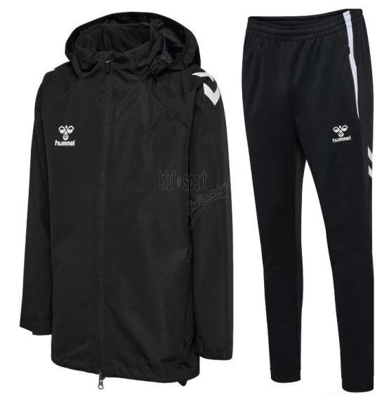 Męski komplet treningowy Hummel Lead 2.0 – czarna kurtka treningowa All-Weather zapinana na zamek oraz czarne techniczne spodnie dresowe Hummel.