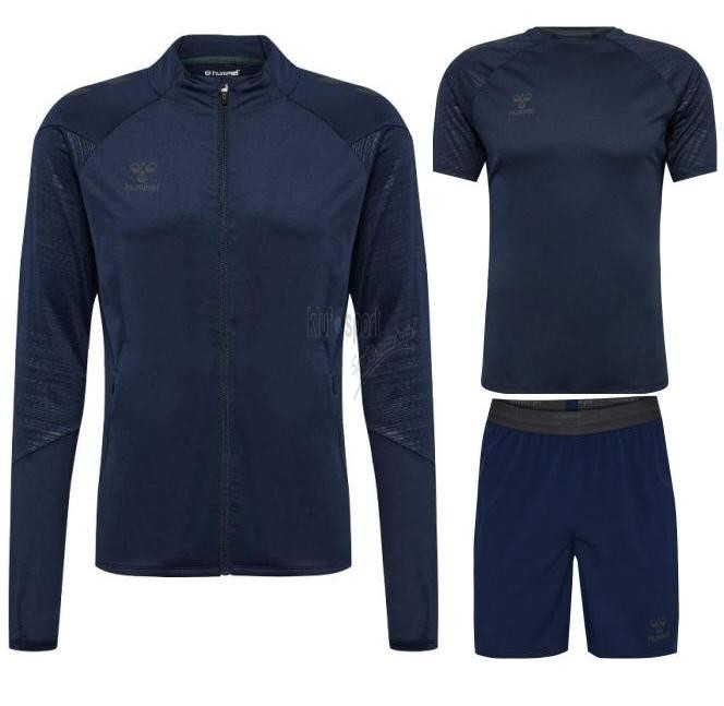 Męski komplet treningowy Hummel Pro Training – granatowa bluza zapinana na zamek, granatowa koszulka sportowa oraz spodenki z logo Hummel.