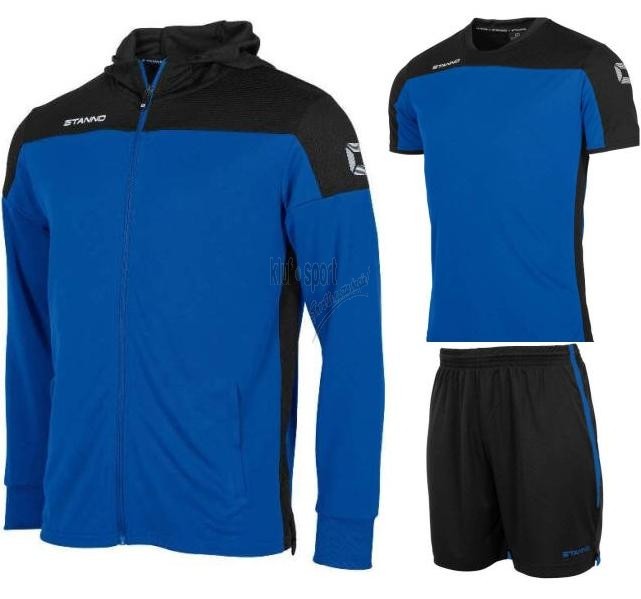 Męski komplet sportowy Stanno Pride – niebieska bluza z kapturem i pełnym zamkiem, niebieska koszulka treningowa oraz czarne spodenki sportowe z niebieskimi detalami.