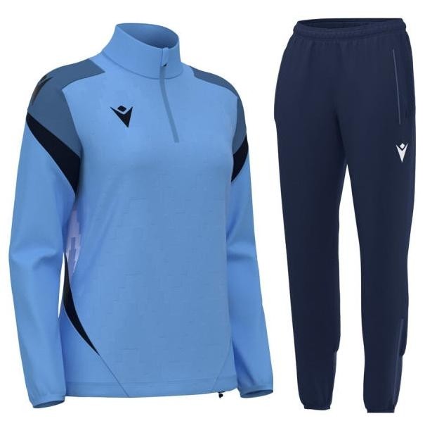 Damski dres treningowy Macron – błękitna bluza Leona z zamkiem 1/4 i granatowe spodnie Aras z białym logo Macron.