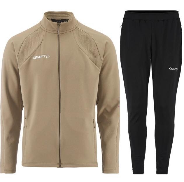 Męski dres sportowy Craft Extend 2.0 – beżowa bluza rozpinana ze stójką oraz czarne dopasowane spodnie treningowe z logo Craft.