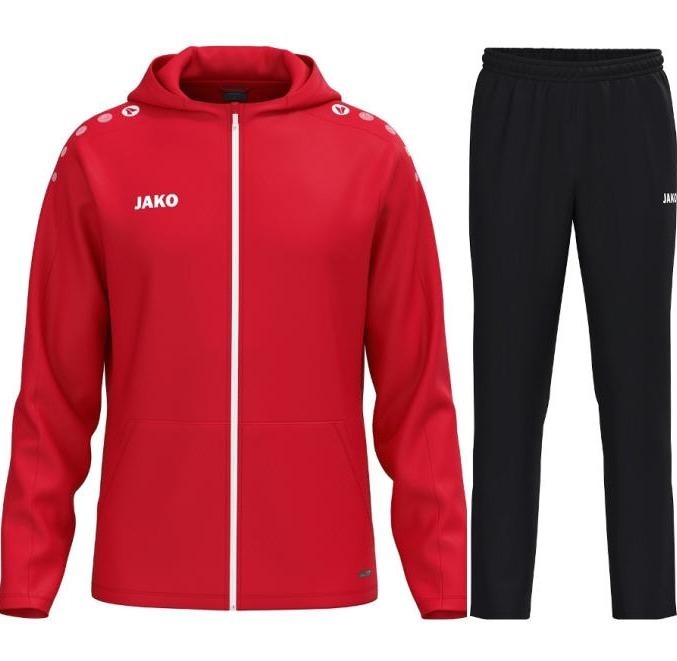 Męski dres sportowy JAKO One – czerwona rozpinana bluza z kapturem i czarne spodnie sportowe z lekkiej tkaniny.