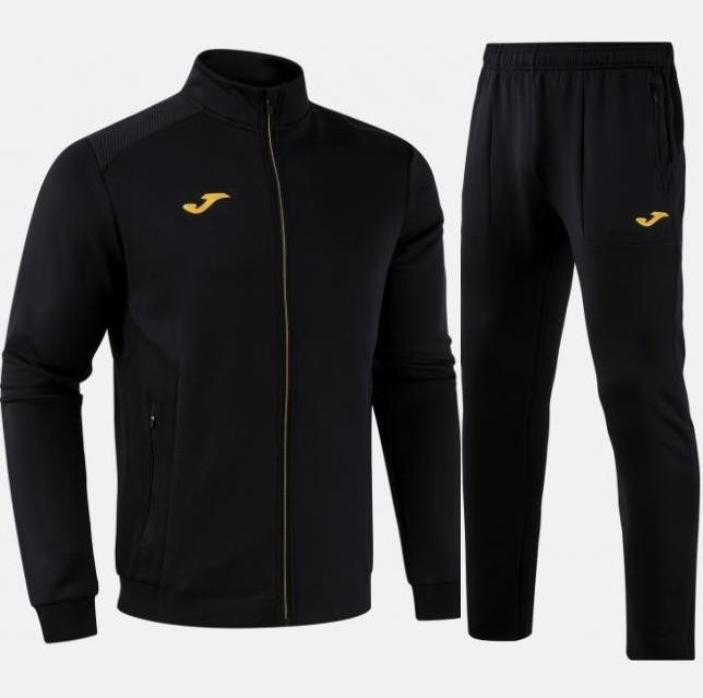 Męski dres sportowy Joma Confort V – czarny komplet składający się z rozpinanej bluzy ze stójką oraz dopasowanych spodni treningowych.
