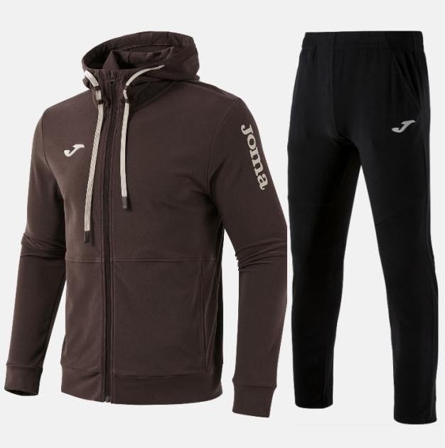 Męski dres treningowy Joma Invictus – brązowa bluza sportowa z kapturem zapinana na zamek oraz czarne spodnie dresowe.