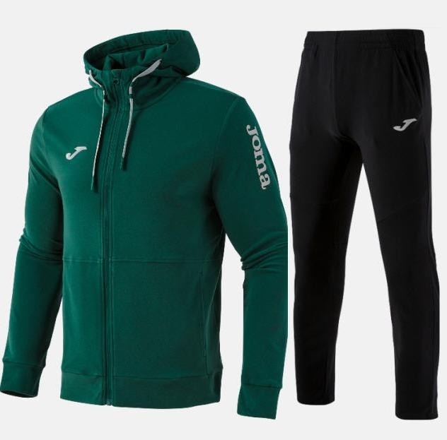 Męski dres sportowy Joma Invictus – zielona bluza treningowa z kapturem zapinana na zamek i czarne spodnie dresowe ze ściągaczami.